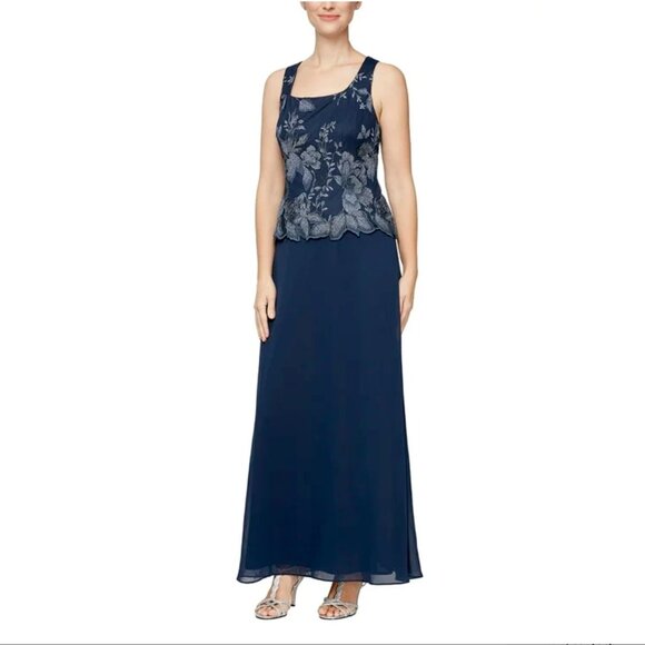 Alex Evenings Floral Embroidered Maxi 2 Piece Evening Dress Gown in Navy NWT - Picture 4 of 15